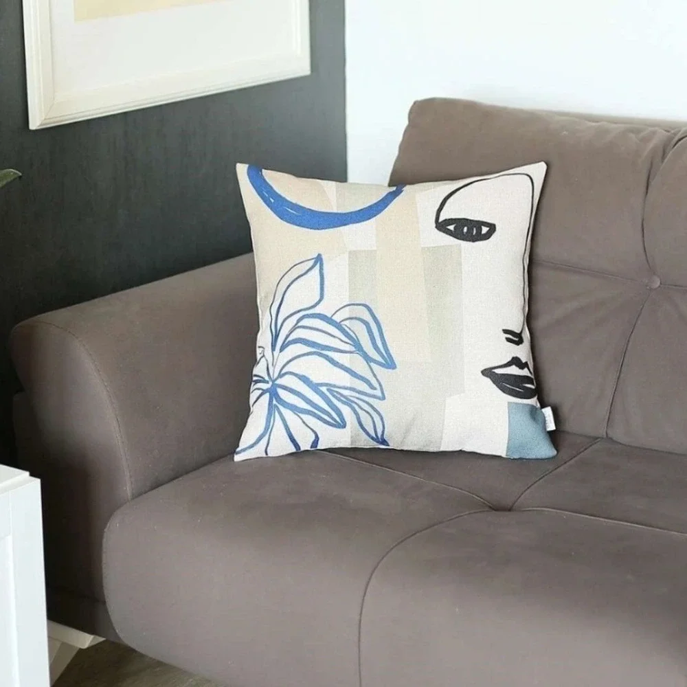 Mike & Co Abstract Face Pillow Cover‎ Blue Beige Modern Throw Cushion NEW